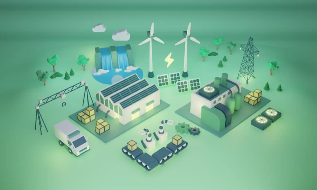 Green factory with nature friendly or sustainable power usage 3D illustration. Modern 5th generation production facility with alternative electricity and ecological resources. 3D Illustration